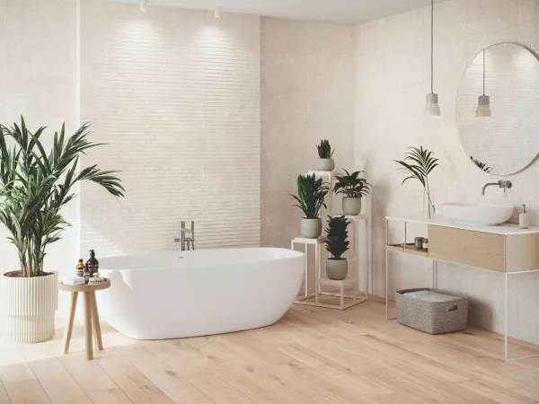 Baño con azulejos efecto cemento en tonos cálidos, colección Levin de Navarti