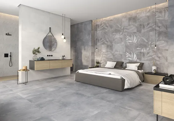 Baño con azulejos efecto cemento en tonos neutros, colección Madox de Halcón