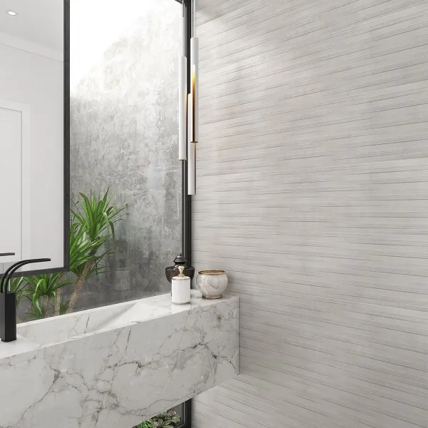Baño con azulejos efecto cemento en tonos neutros, colección Madox de Halcón