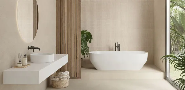 Baño con azulejos efecto cemento en tonos cálidos, colección Metropoli de Argenta