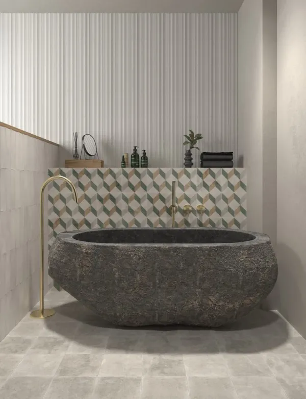 Baño con azulejos efecto cemento en tonos neutros, colección Milano de Dune