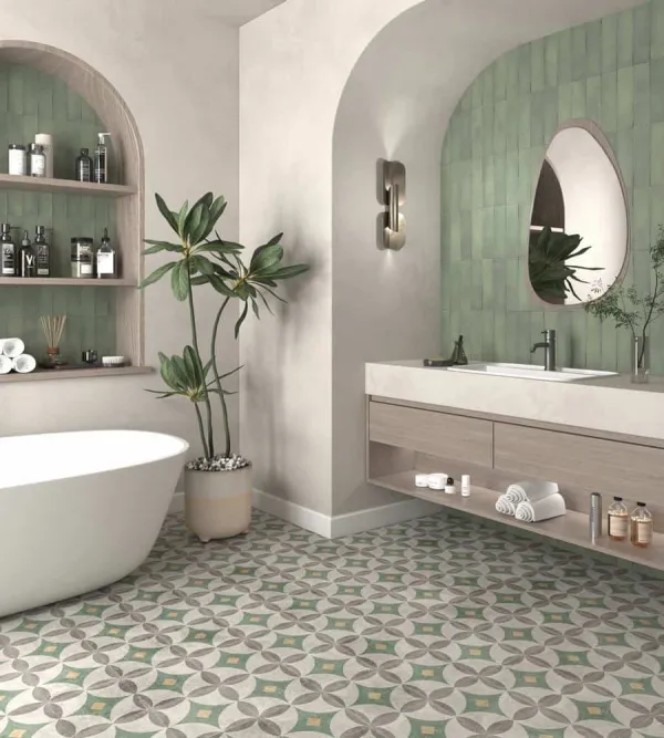 Baño con azulejos efecto cemento, colección Milano de Dune