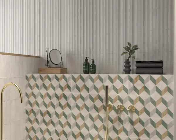 Baño con azulejos efecto cemento, colección Milano de Dune