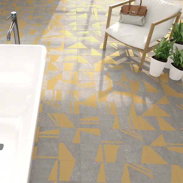Baño con azulejos efecto cemento en tonos cálidos, colección Nassau de Vives