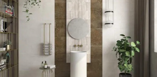 Baño con azulejos efecto cemento en tonos cálidos, colección Neo de Ibero Casa Infinita