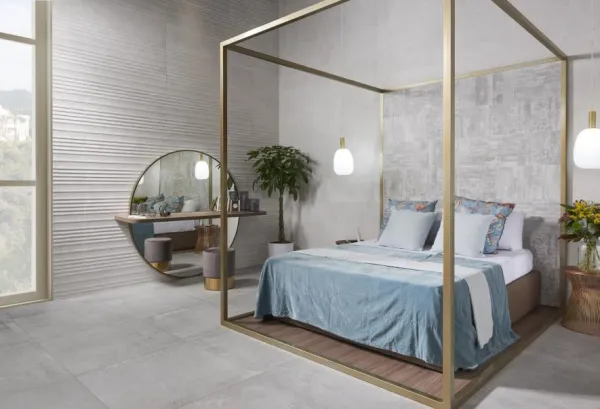 Baño con azulejos efecto cemento en tonos neutros, colección Neo de Ibero Casa Infinita