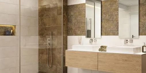 Baño con azulejos efecto cemento en tonos cálidos, colección Neo de Ibero Casa Infinita