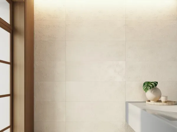 Baño con azulejos efecto cemento en tonos cálidos, colección Newclay - story de Argenta