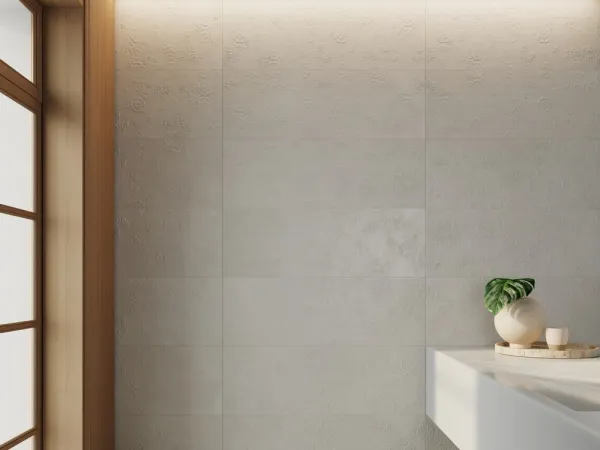 Baño con azulejos efecto cemento, colección Newclay - story de Argenta