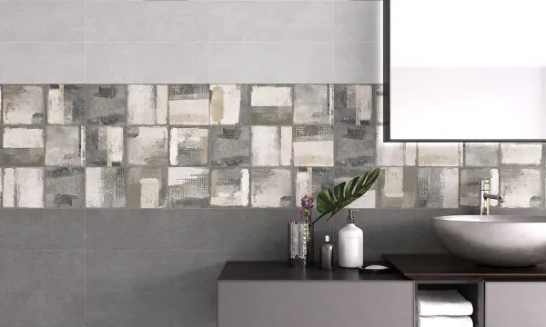 Baño con azulejos efecto cemento en tonos neutros, colección Norwich de Ecoceramic