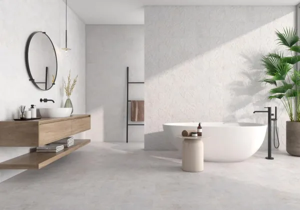 Baño con azulejos efecto cemento en tonos neutros, colección Panamera de Colorker