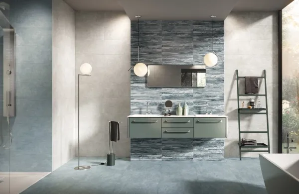 Baño con azulejos efecto cemento en tonos fríos, colección Pictura de Naxos
