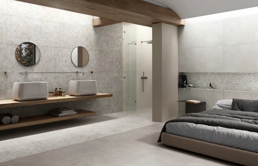 Baño con azulejos efecto cemento en tonos neutros, colección Pictura de Naxos