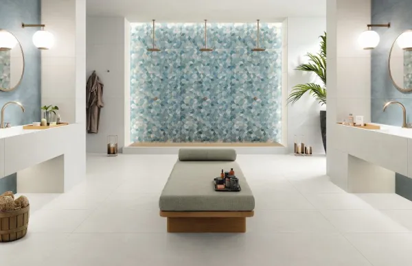 Baño con azulejos efecto cemento, colección Pictura de Naxos