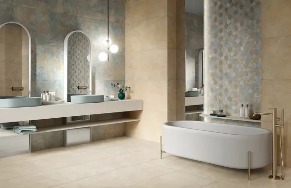Baño con azulejos efecto cemento, colección Pictura de Naxos