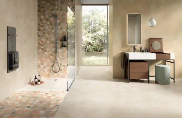 Baño con azulejos efecto cemento en tonos cálidos, colección Pictura de Naxos