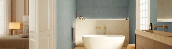 Baño con azulejos efecto cemento, colección Q city de Durstone