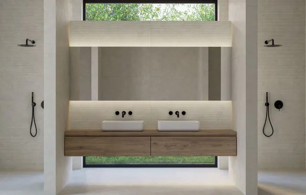 Baño con azulejos efecto cemento en tonos neutros, colección Q city de Durstone