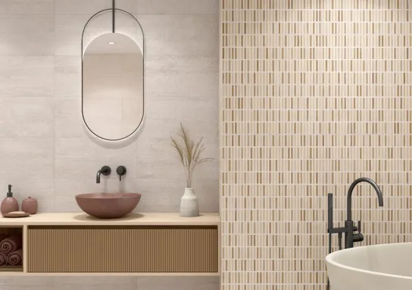 Baño con azulejos efecto cemento en tonos cálidos, colección Ragnar de Colorker