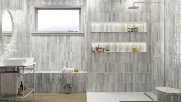 Baño con azulejos efecto cemento en tonos neutros, colección Savannah de Ape