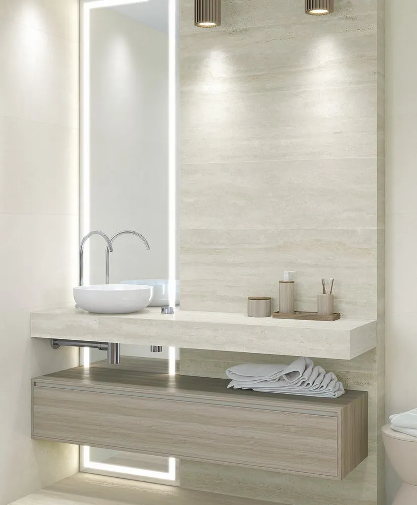 Baño con azulejos efecto cemento en tonos neutros, colección Sentier de Vives