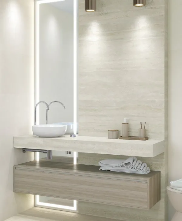 Baño con azulejos efecto cemento en tonos neutros, colección Sentier de Vives