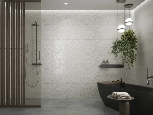 Baño con azulejos efecto cemento en tonos neutros, colección Serene de Durstone