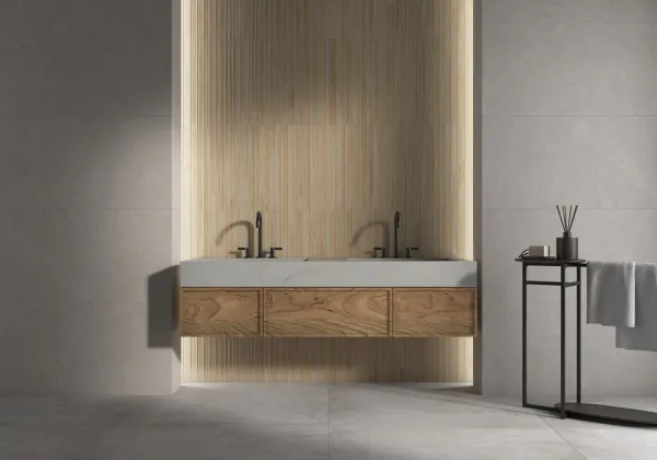 Baño con azulejos efecto cemento, colección Teba de TAU ceràmica