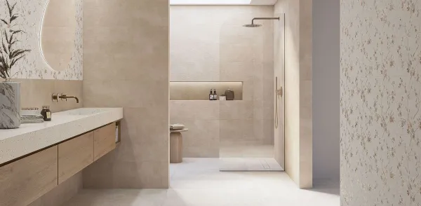 Baño con azulejos efecto cemento en tonos cálidos, colección Tex de Durstone