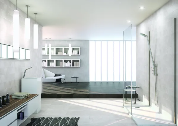 Baño con azulejos efecto cemento, colección Traffic de Cifre