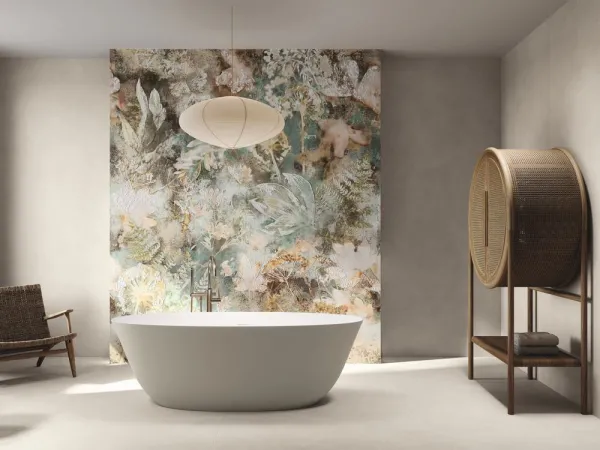 Baño con azulejos efecto cemento en tonos cálidos, colección Verse de Ape