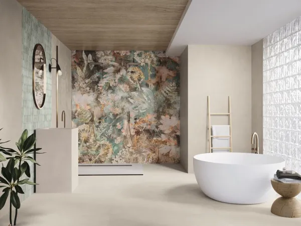 Baño con azulejos efecto cemento en tonos cálidos, colección Verse de Ape