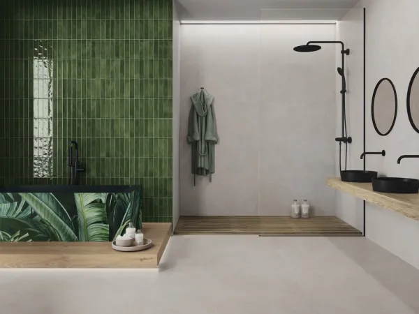 Baño con azulejos efecto cemento, colección Verse de Ape