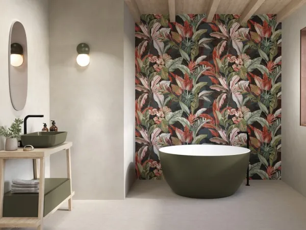 Baño con azulejos efecto cemento en tonos cálidos, colección Verse de Ape