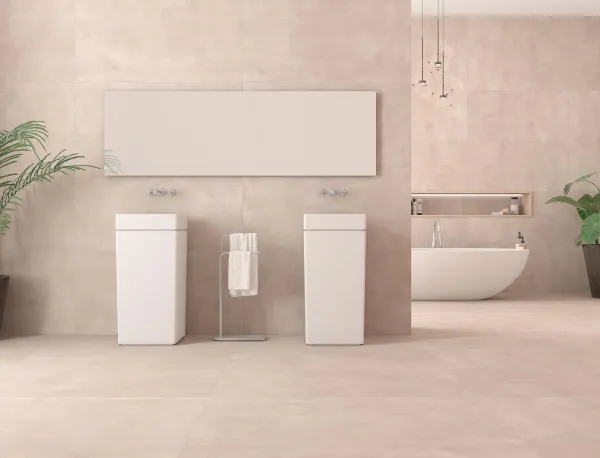 Baño con azulejos efecto cemento en tonos cálidos, colección Walmer de TAU ceràmica