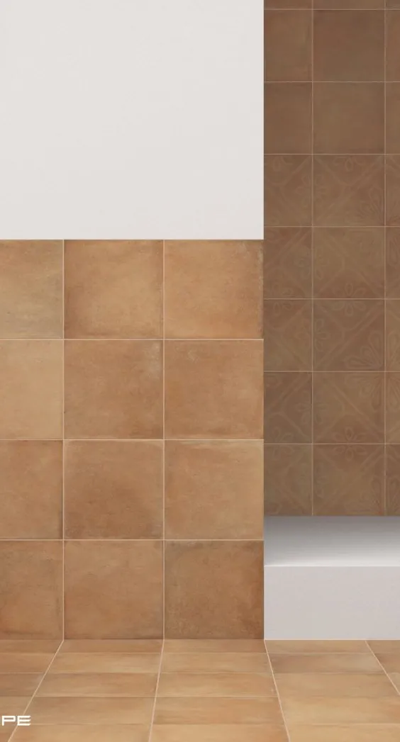 Baño con azulejos efecto hidráulico en tonos cálidos, colección Ares de Equipe