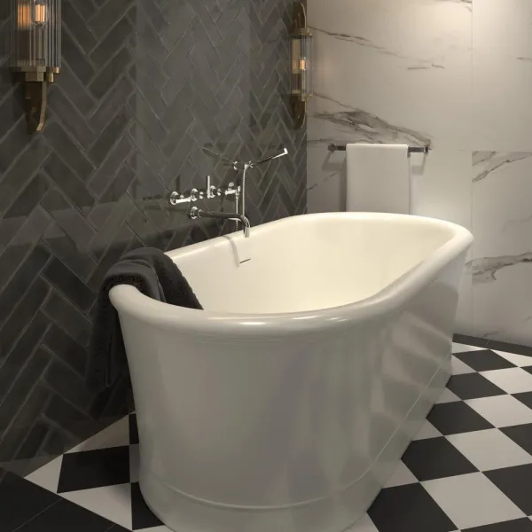 Baño con azulejos efecto hidráulico en tonos neutros, colección Atlantique de Dune