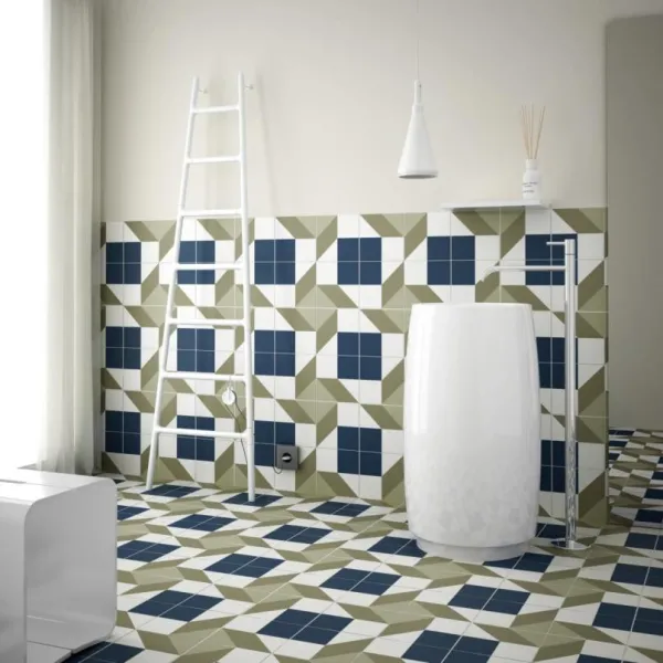 Baño con azulejos efecto hidráulico en tonos fríos, colección Bauhome de Equipe