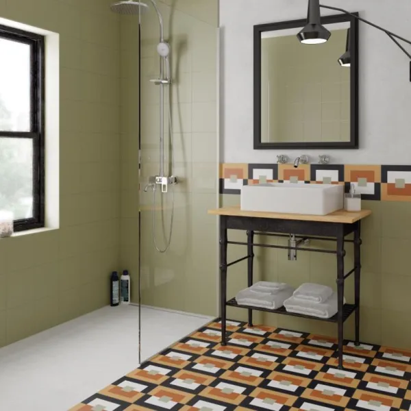Baño con azulejos efecto hidráulico, colección Bauhome de Equipe
