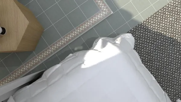 Baño con azulejos efecto hidráulico en tonos fríos, colección Bel histoire de Revoir Paris