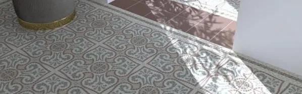 Baño con azulejos efecto hidráulico, colección Bel histoire de Revoir Paris