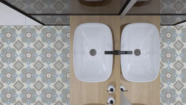 Baño con azulejos efecto hidráulico en tonos fríos, colección Bel histoire de Revoir Paris