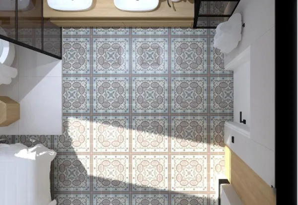 Baño con azulejos efecto hidráulico, colección Bel histoire de Revoir Paris