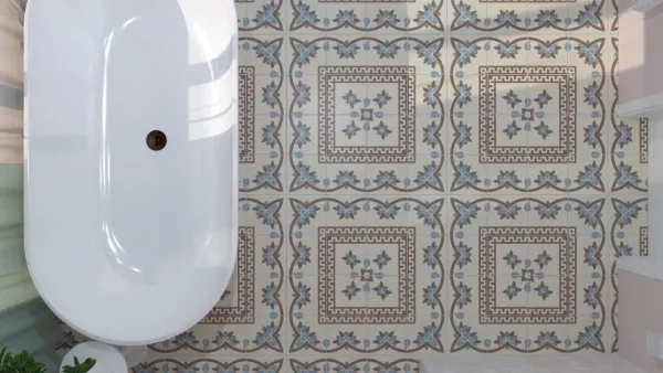 Baño con azulejos efecto hidráulico en tonos fríos, colección Bel histoire de Revoir Paris