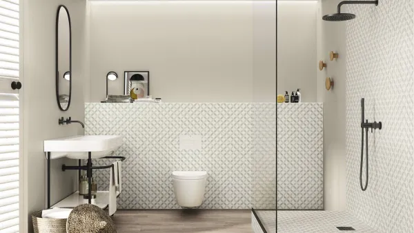 Baño con azulejos efecto hidráulico en tonos neutros, colección Brianna de Ape