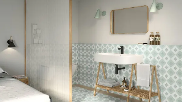 Baño con azulejos efecto hidráulico, colección Brianna de Ape