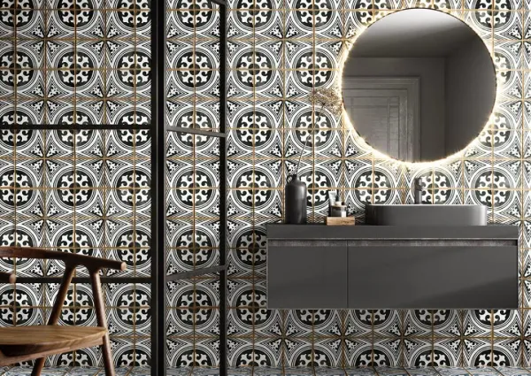Baño con azulejos efecto hidráulico en tonos neutros, colección Casablanca de Harmony