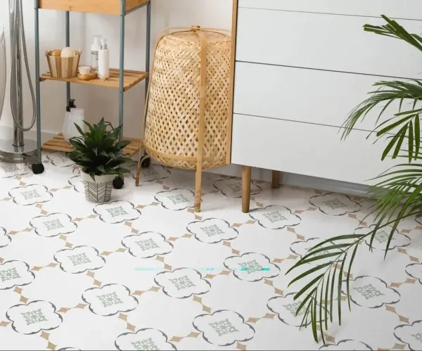 Baño con azulejos efecto hidráulico en tonos neutros, colección Cosmopolitan de Ribesalbes