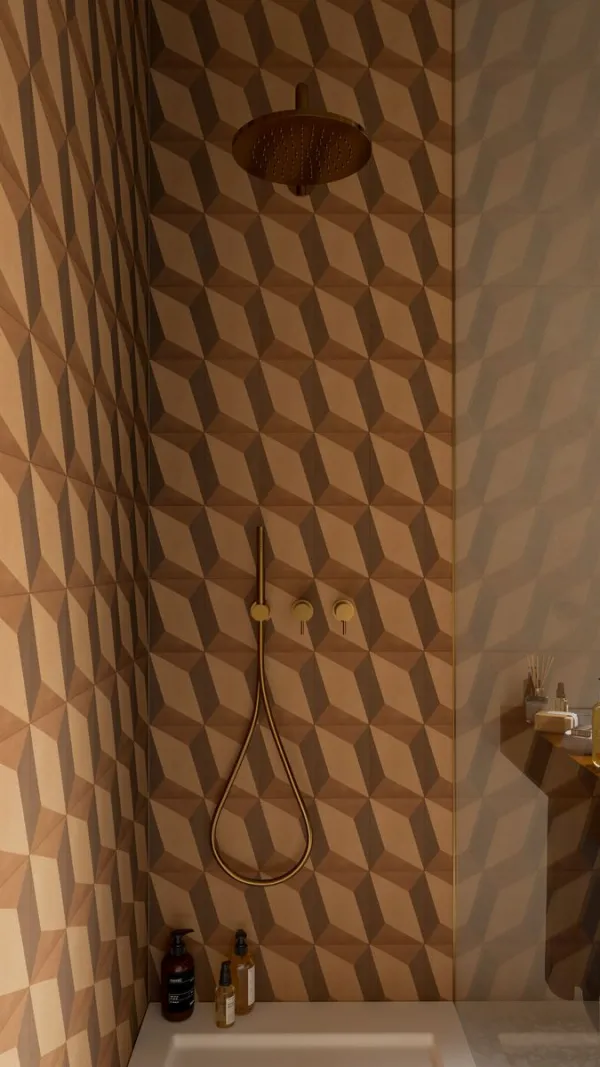 Baño con azulejos efecto hidráulico en tonos cálidos, colección D_segni de Marazzi
