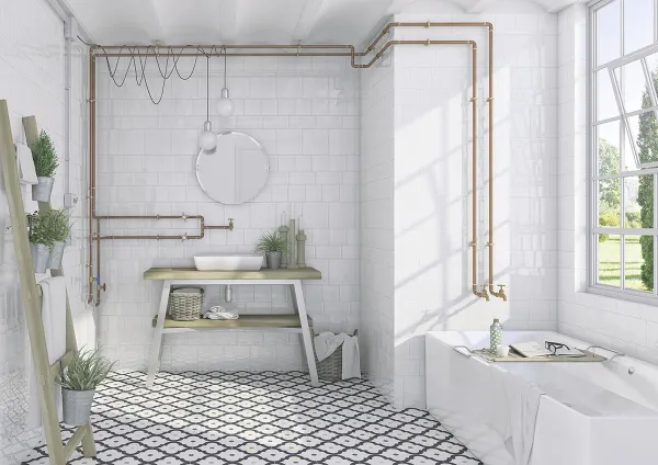 Baño con azulejos efecto hidráulico, colección Etnia de Vives